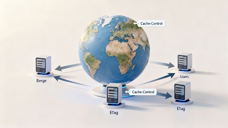 A 3D rendering of a globe connected to multiple servers, illustrating web caching with ETag and Cache-Control headers.