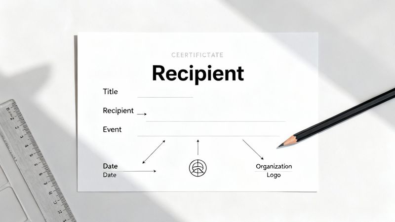 A blank white certificate template showing fields for title, recipient, event, date, and organization logo.