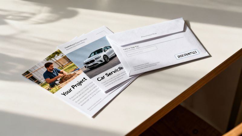 A brochure featuring a man gardening and a white car, next to a personalized envelope with 'DISCOUNT123' on a table.