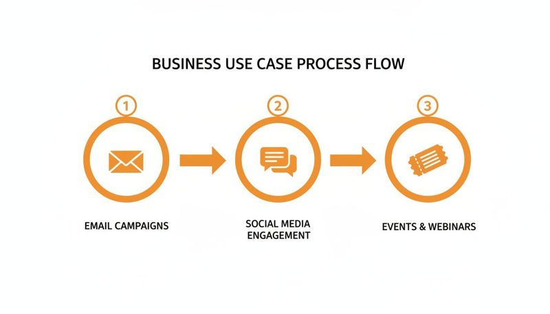 A business process flow infographic detailing three steps: email campaigns, social media engagement, and events.