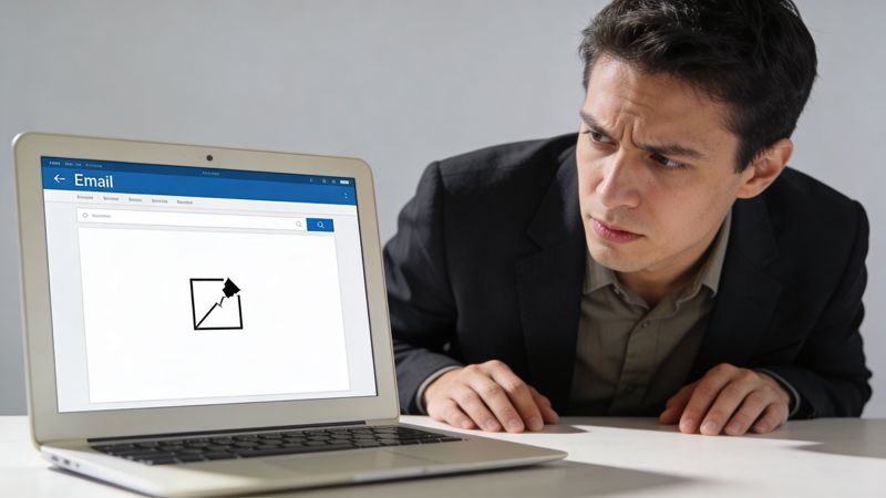 A businessman looking concerned at a laptop computer displaying an email client with a broken image icon.