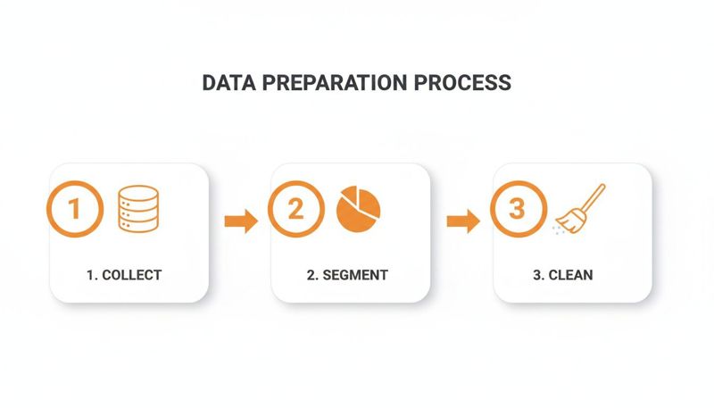A clear infographic illustrating the three steps of data preparation: collect, segment, and clean.