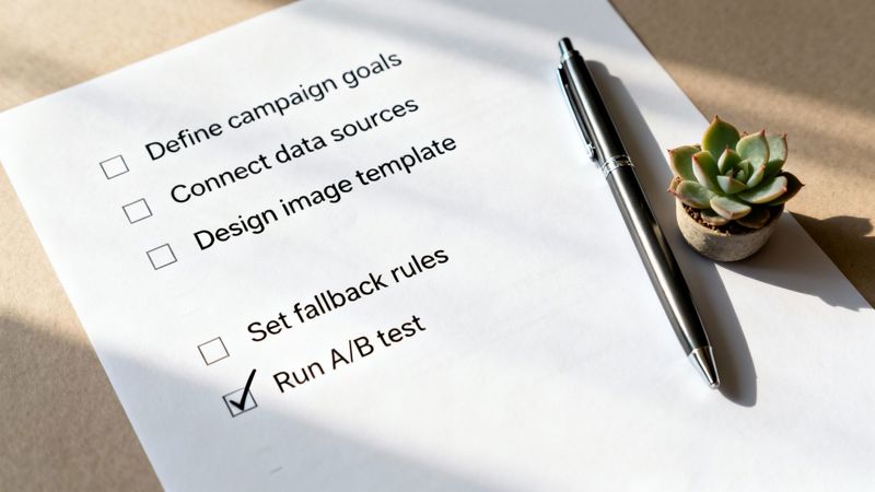 A close-up of a campaign checklist on paper with 'Run A/B test' checked, next to a pen and succulent.