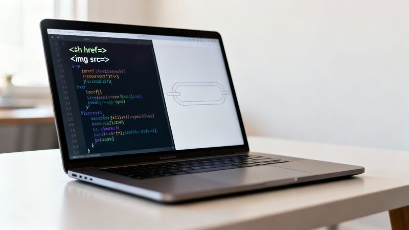 A code snippet showing an HTML image tag wrapped in a link tag