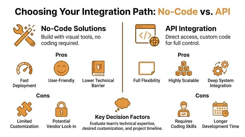 A comparison infographic showing the pros and cons of choosing between no-code solutions and API integration.