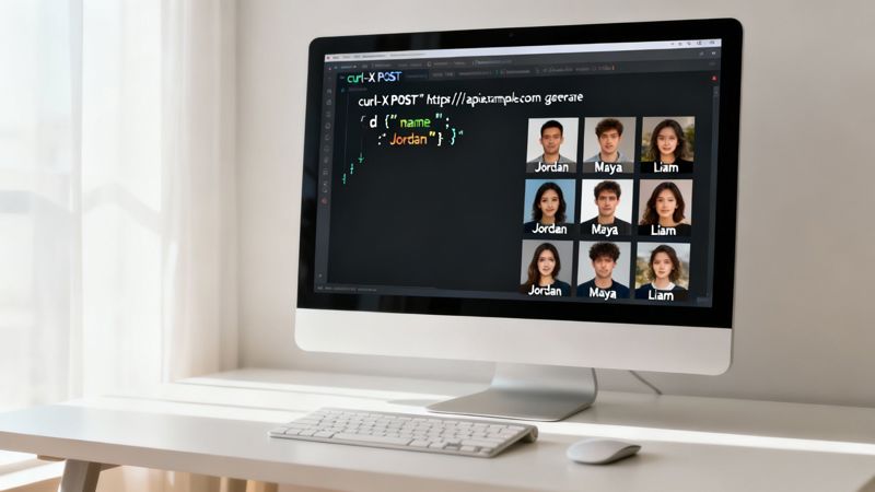 A computer monitor displays API code for generating personalized images, alongside a grid of diverse generated faces with names.