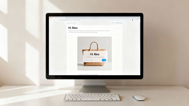 A computer monitor on a desk showing a webpage with a tote bag and a 'Hi Alex' pop-up message.