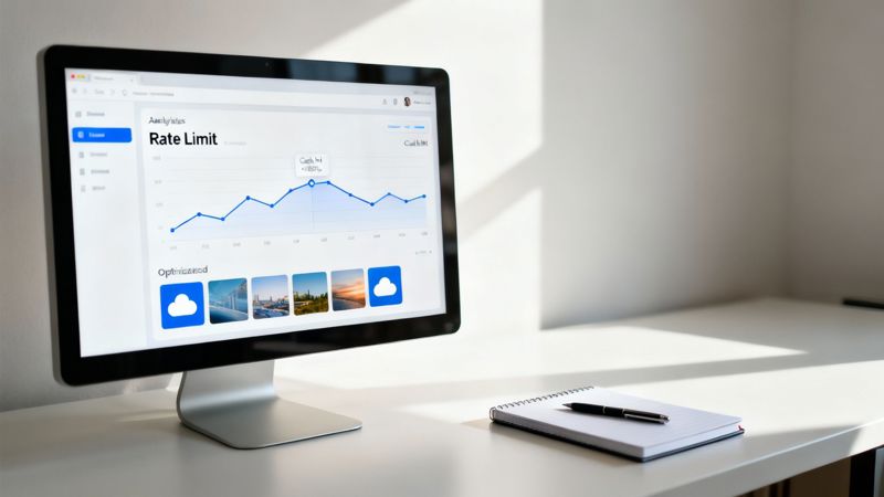 A computer monitor showing a data analytics dashboard, next to a notebook and pen on a white desk.