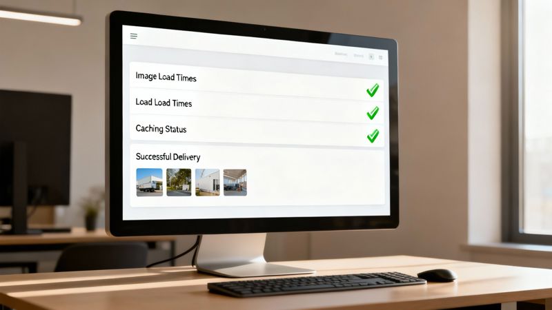 A computer screen shows a successful delivery report with green checkmarks for loading and caching status, and thumbnail images.