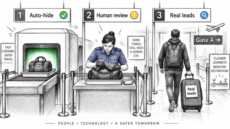 A conceptual illustration showing a three-step security process combining automated technology and human oversight for safety.