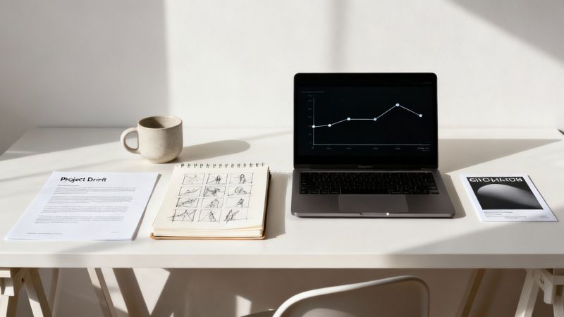 A creative team collaborating on a project workflow displayed on a large screen.