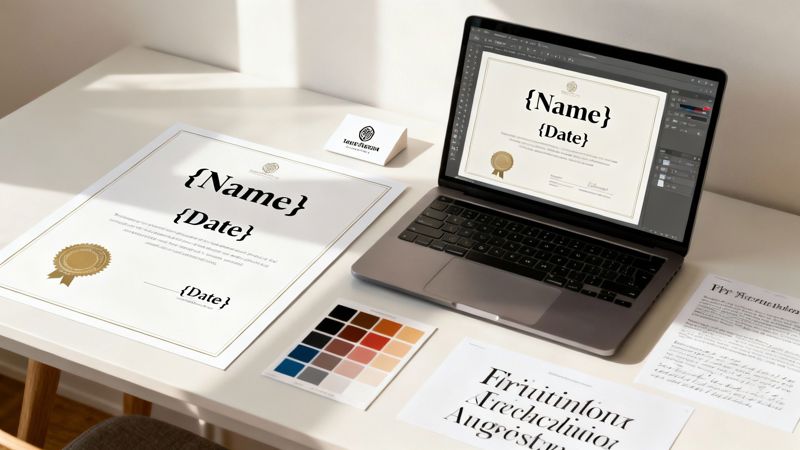 A creative workspace with a laptop showing a certificate design template, alongside a printed certificate and color palette.