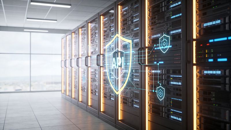 A data center server room featuring a digital holographic API shield icon overlay for security visualization.