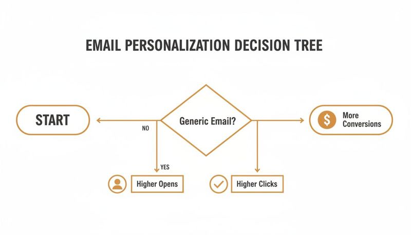 A decision tree outlining email personalization outcomes: generic emails yield higher opens, while personalized emails lead to more clicks and conversions.