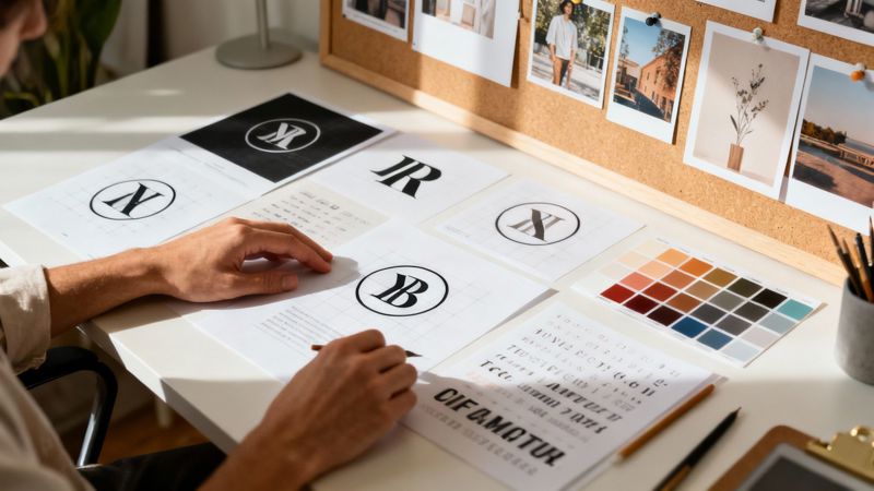 A designer's desk with a mood board, color swatches, and font samples laid out.