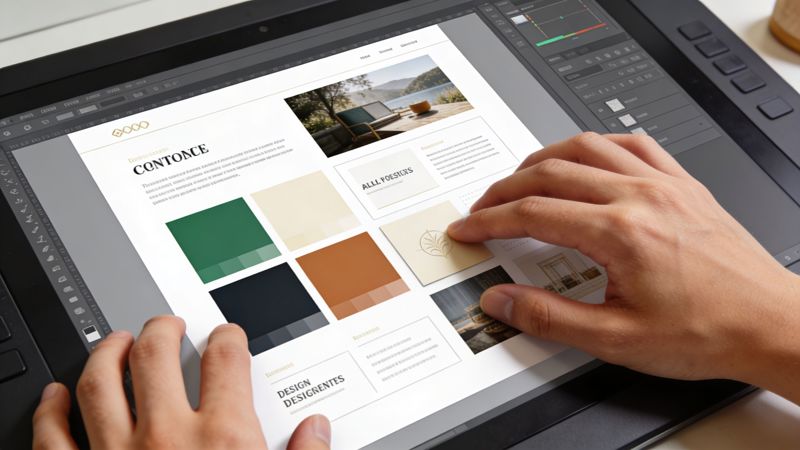 A designer's hands arranging a logo design board on a digital graphics tablet screen.