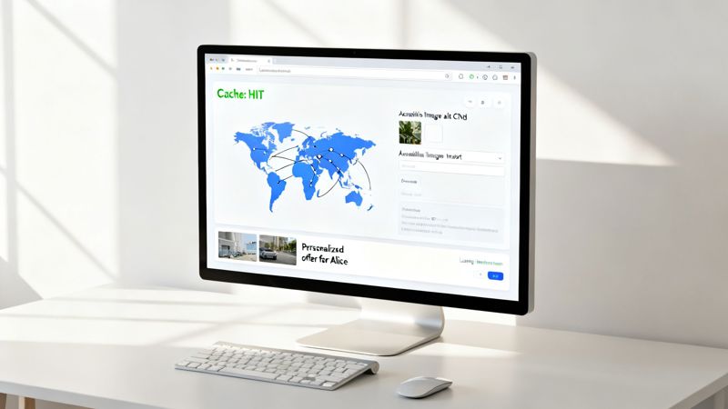 A desktop computer displaying a web page featuring a world map with data points and a personalized offer section.
