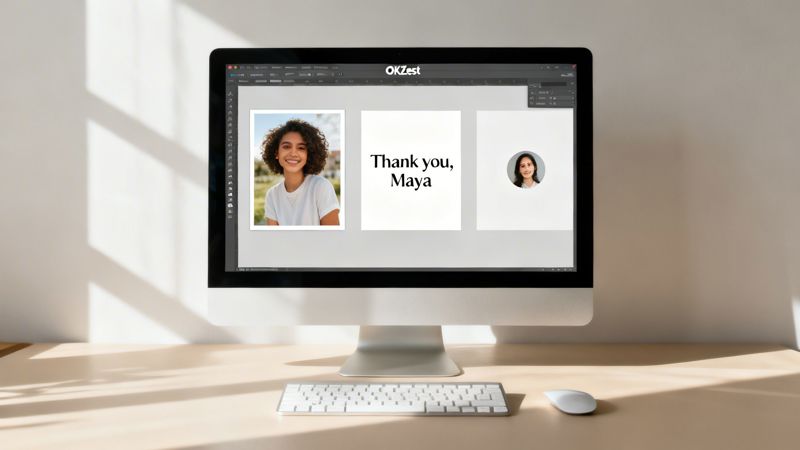 A desktop computer displays design software showing a smiling woman's photo, 'Thank you, Maya' text, and a profile image.