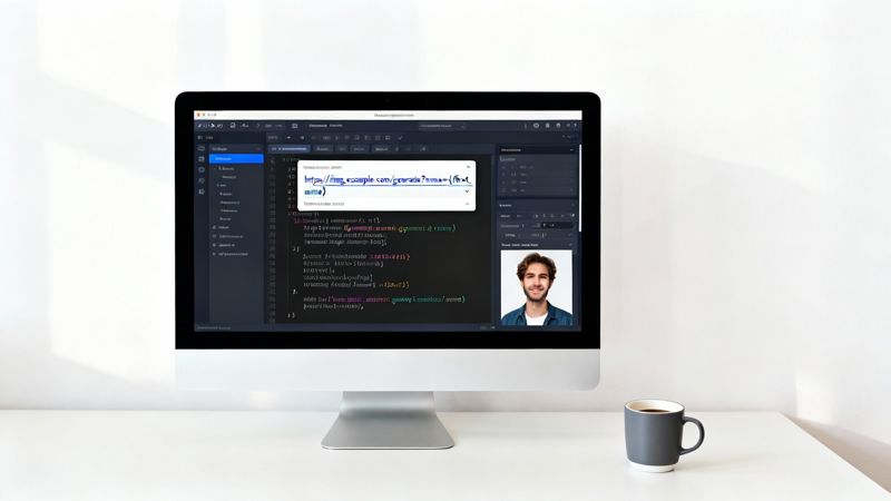 A desktop monitor displaying an image editor with code, a dynamic image URL, and a smiling man.