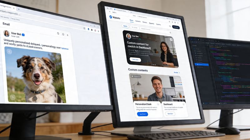 A desktop workstation featuring three computer monitors displaying automated CRM systems, software development code, and customer data.