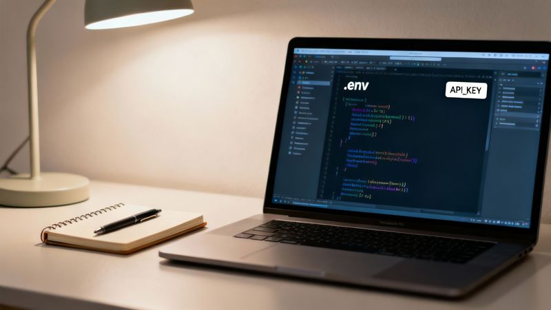 A developer's computer screen showing a code editor with a dashboard showing API keys