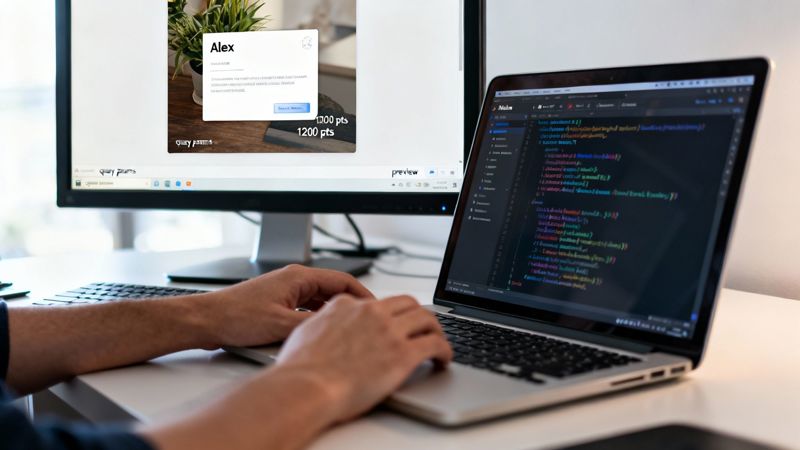 A developer's hands typing on a laptop displaying code, with a monitor showing a website or email preview.