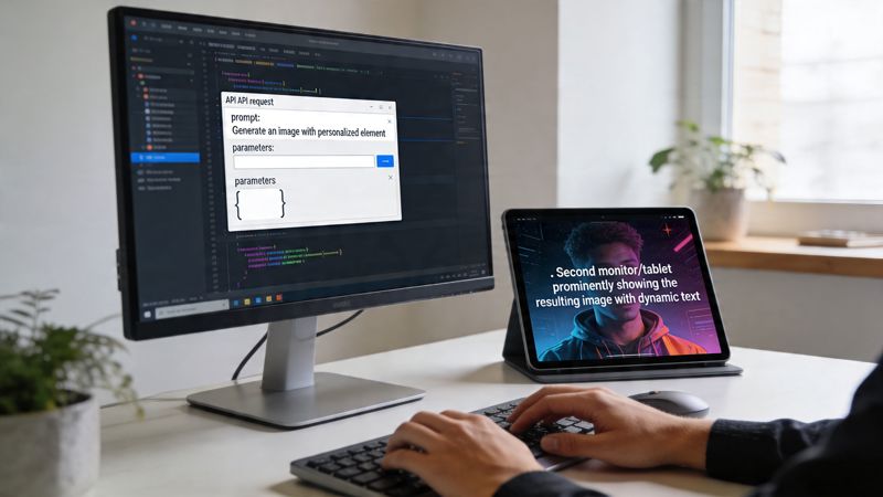 A developer using a computer to test an image generation API with dynamic text on a tablet.