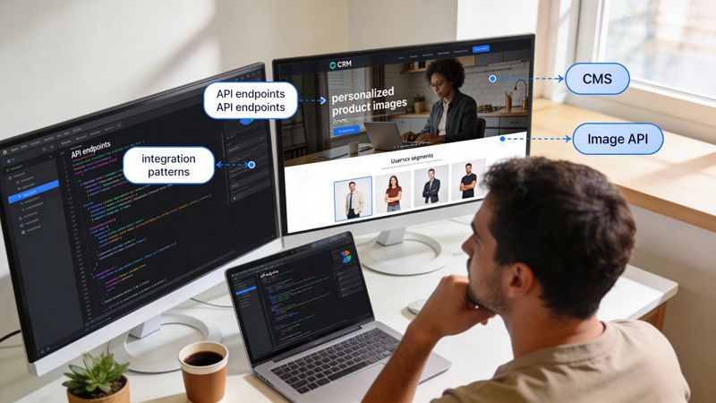 A developer working on enterprise integration patterns and APIs while viewing a CRM interface on dual screens.