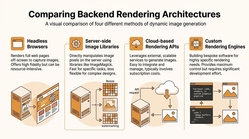 A diagram comparing four backend rendering architectures for dynamic image generation including browsers, libraries, APIs, and custom engines.