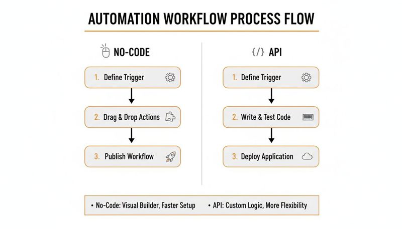 A diagram comparing no-code and API automation workflow process flows, detailing steps and characteristics.
