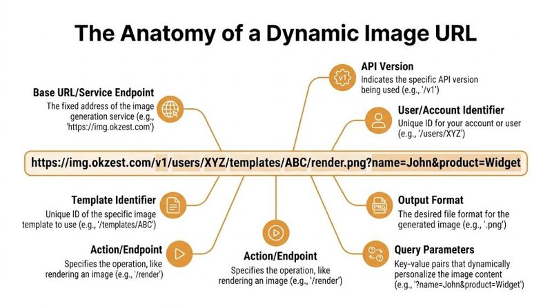 A diagram explaining the anatomy of a dynamic image URL with labeled segments and descriptions.