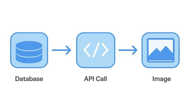 A diagram illustrates data flow from a database through an API call to generate an image.