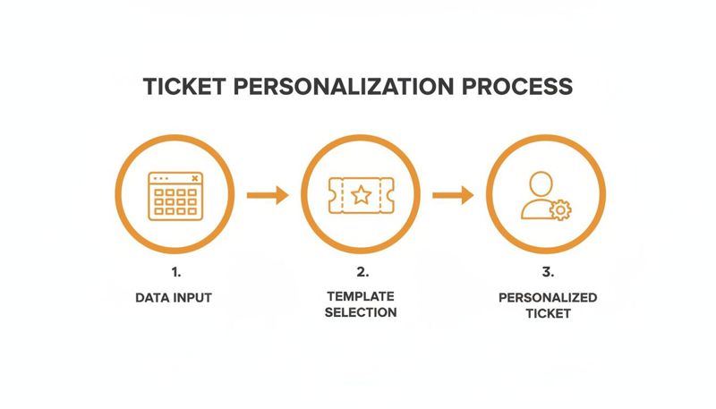 A diagram illustrates the ticket personalization process with steps: data input, template selection, and personalized ticket.