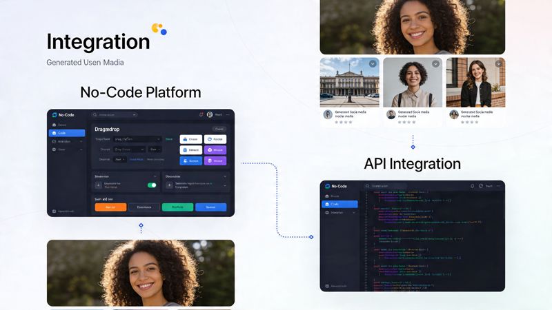 A diagram illustrating a no-code platform that integrates image generation tools with an API for social media.
