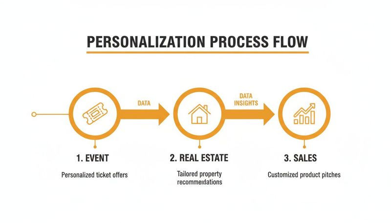 A diagram illustrating a personalization process flow, moving from events to real estate and sales, driven by data and insights.
