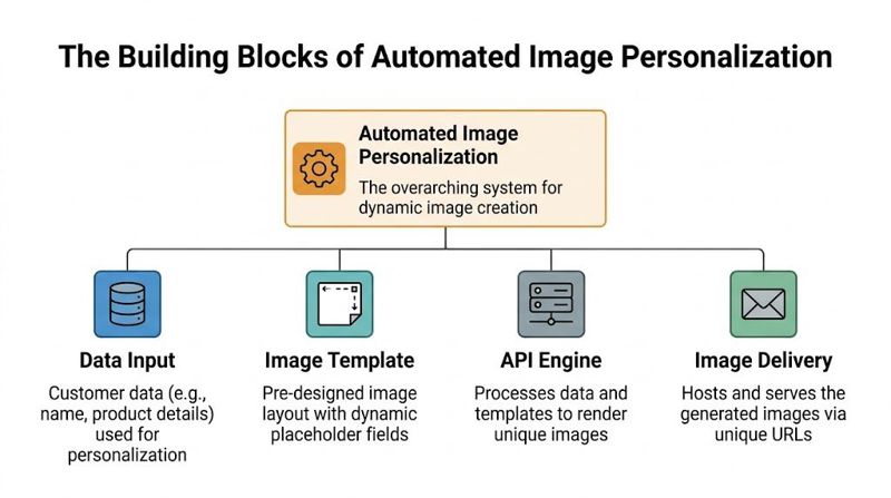 A diagram illustrating the four key building blocks for automated image personalization, including data, templates, API, and delivery.