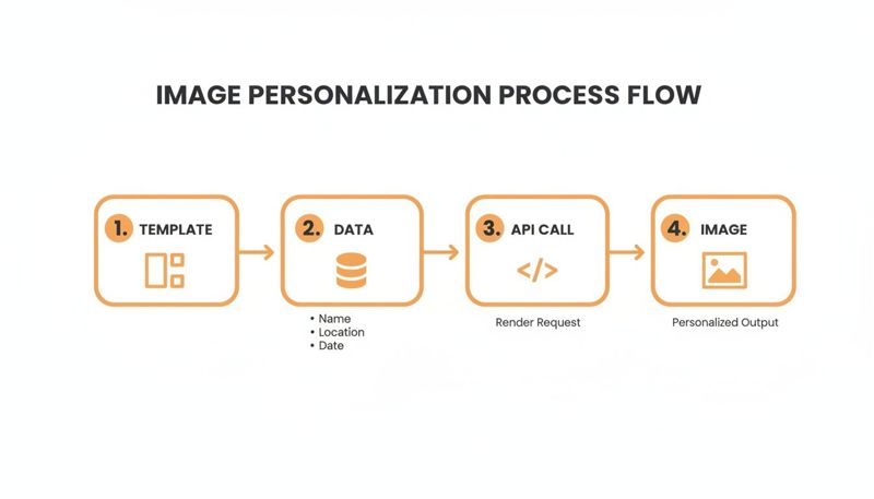 A diagram illustrating the four-step image personalization process flow: template, data, API call, and personalized output.