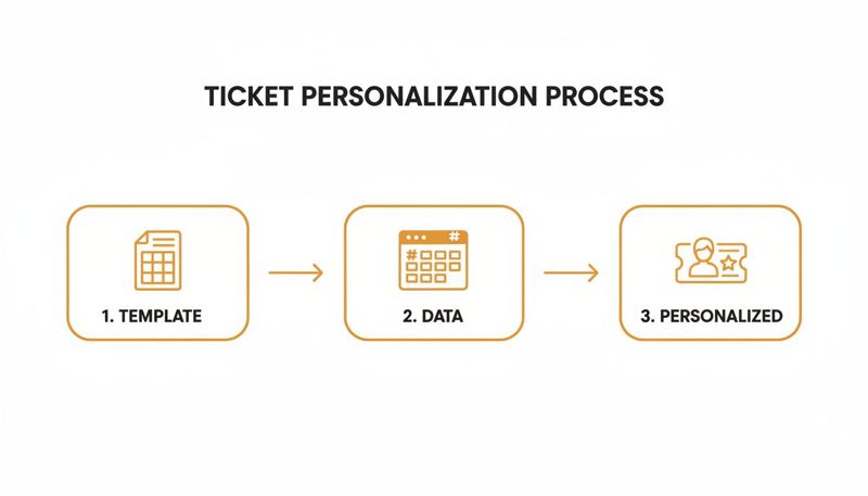 A diagram outlining the three-step ticket personalization process: template, data, and personalized output.