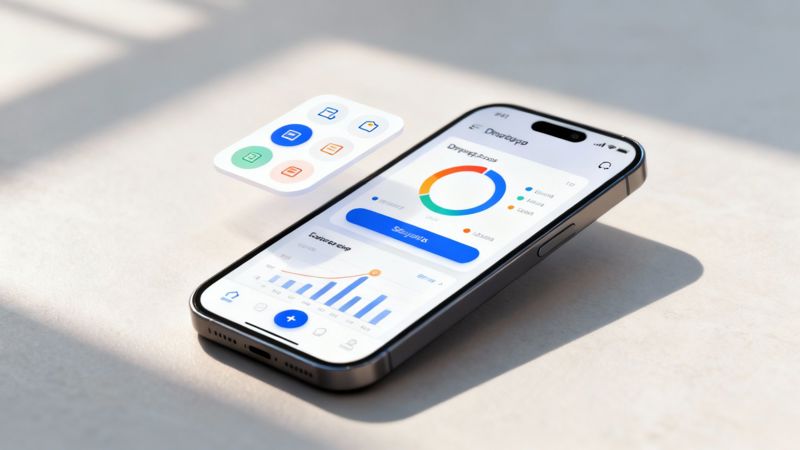 A digital dashboard on a screen shows charts and graphs, representing a no-code internal tool, with a clean and modern interface.