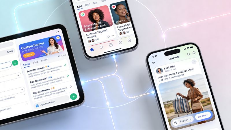 A digital interface showcasing high volume image generation across tablet and mobile devices connected by glowing pathways.
