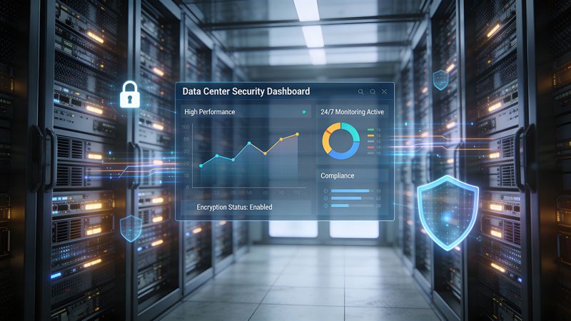 A digital security dashboard with performance graphs floating inside a modern, high-tech server room data center.