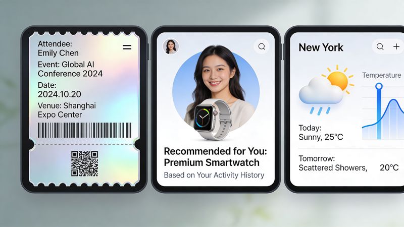 A display showing three digital smartwatch interfaces: an event ticket, a product recommendation, and weather forecast.