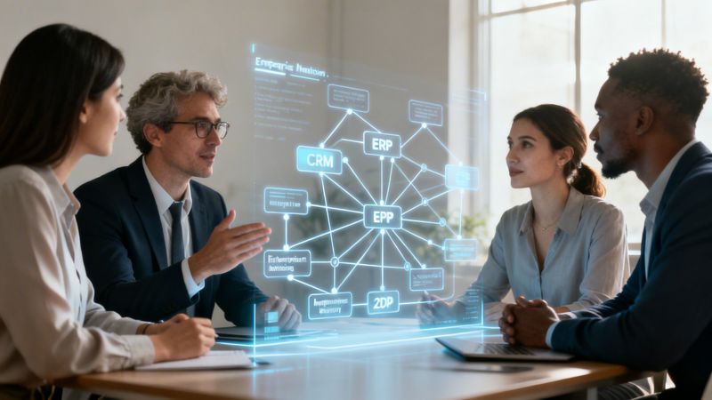 A diverse business team discusses an enterprise marketing automation holographic data chart during a collaborative office meeting.