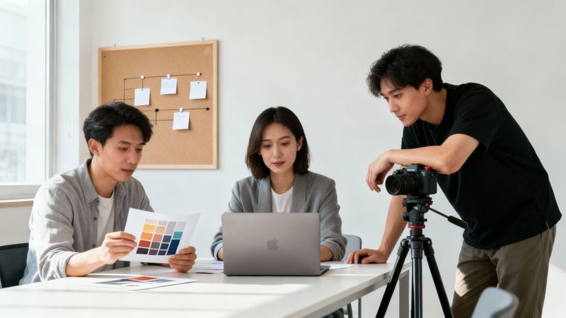 A diverse creative team collaborating around a table filled with project storyboards and laptops.
