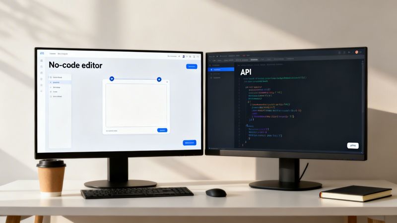 A dual-monitor desk setup showcasing a no-code editor and an API code interface.
