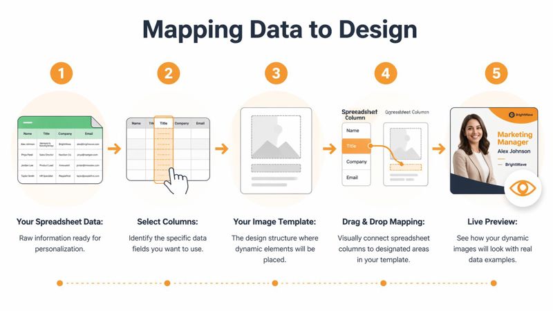 A five-step infographic explaining how to map spreadsheet data to dynamic image templates for personalization.
