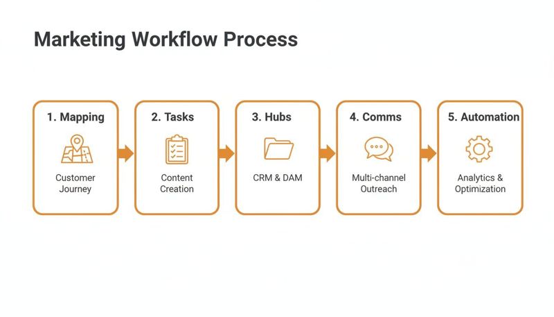 A five-step marketing workflow process flowchart showing mapping, tasks, hubs, comms, and automation.