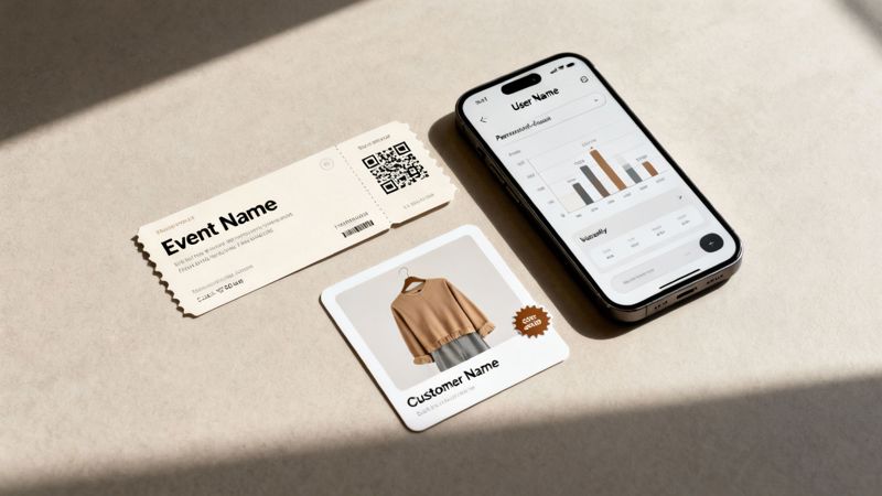 A flat lay features a smartphone showing sales data, an event ticket, and a product card with a sweater.