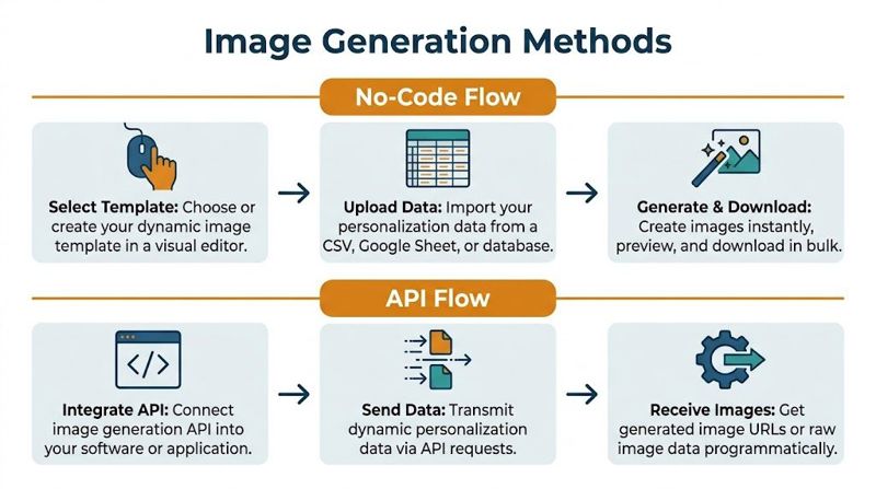 A flowchart comparing no-code and API methods for automating personalized image generation for business workflows.