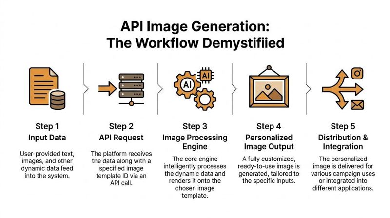 A flowchart diagram illustrating the five-step process of API image generation from input data to distribution.
